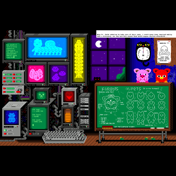 Various displays and readouts attached to a computer indicate the status of numerous furbots and virtual pets, whose physiology and care instructions are described on notes and blackboards in the laboratory.